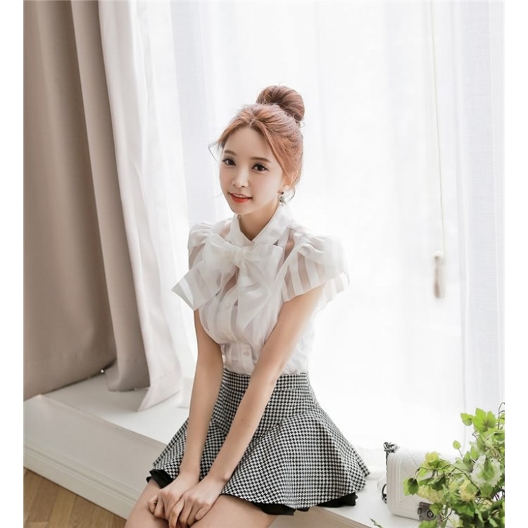 TE1459GJWL Camicia a righe con collo bowknot e maniche a sbuffo alla moda coreana-2