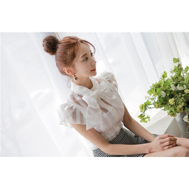 TE1459GJWL Camicia a righe con collo bowknot e maniche a sbuffo alla moda coreana-4