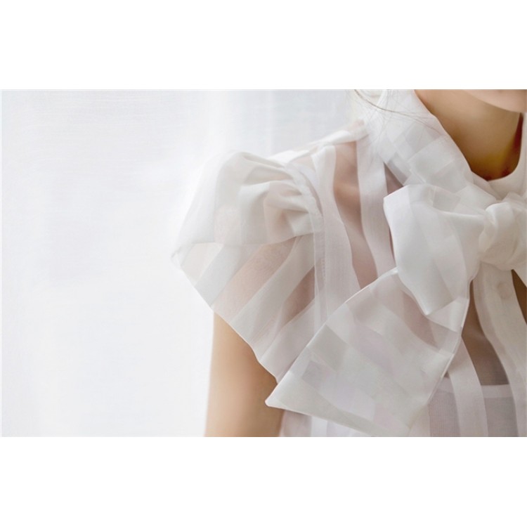 TE1459GJWL Camicia a righe con collo bowknot e maniche a sbuffo alla moda coreana-5