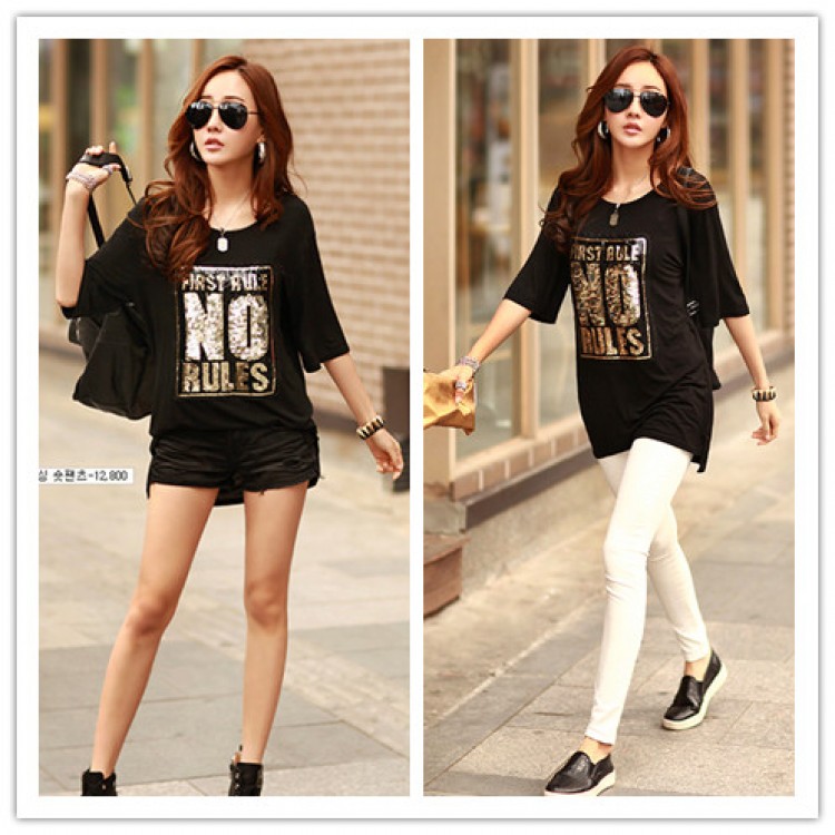 TE1454GJWL T-shirt lunga coreana moda casual comoda con lettere in paillettes-7
