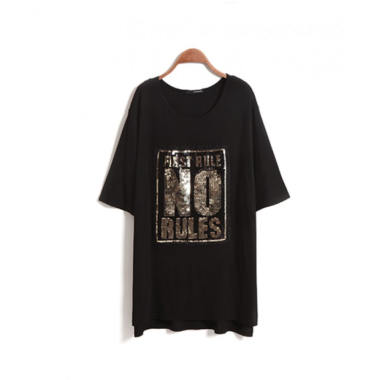 TE1454GJWL T-shirt lunga coreana moda casual comoda con lettere in paillettes-4