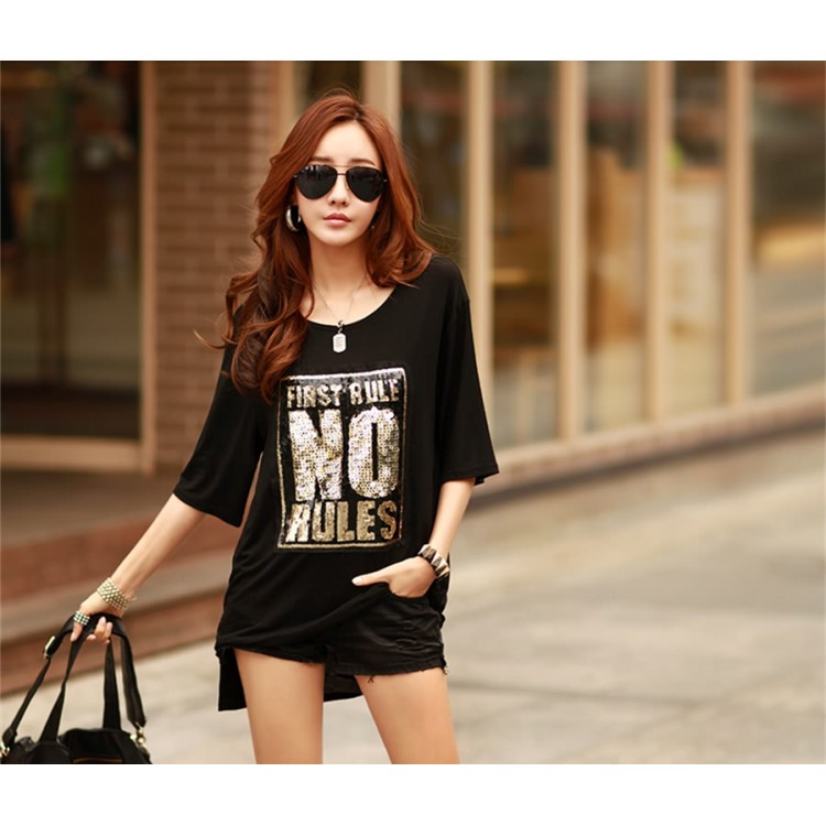 TE1454GJWL T-shirt lunga coreana moda casual comoda con lettere in paillettes-6