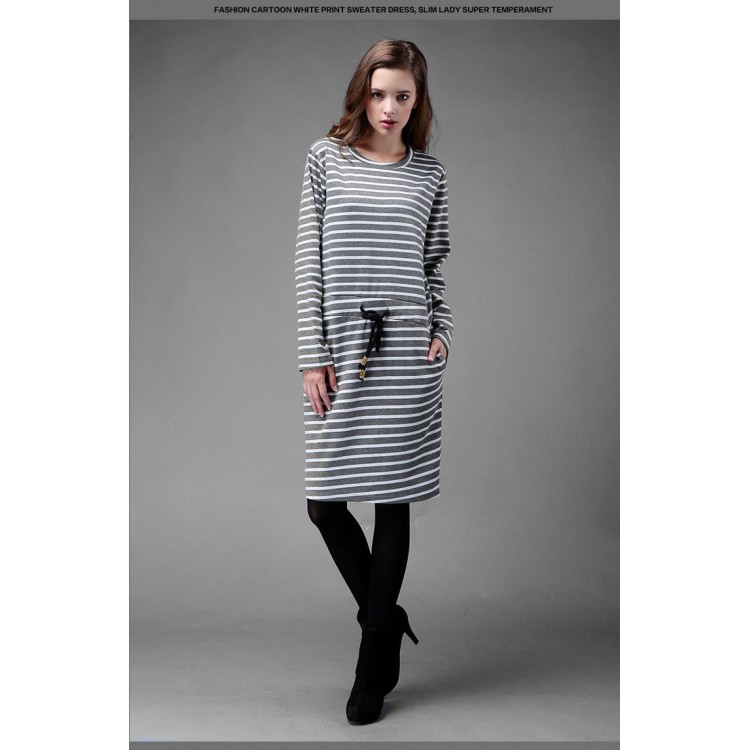 TE1366GJWL Abito a righe in vita con coulisse allentato casual alla moda euramerican-1