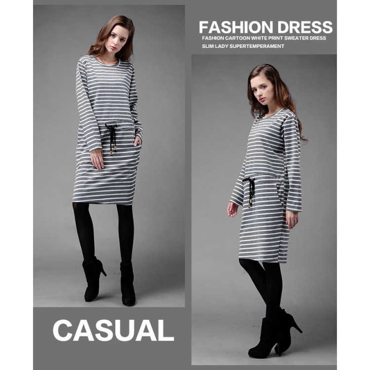 TE1366GJWL Abito a righe in vita con coulisse allentato casual alla moda euramerican-2