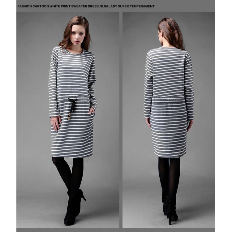 TE1366GJWL Abito a righe in vita con coulisse allentato casual alla moda euramerican-3