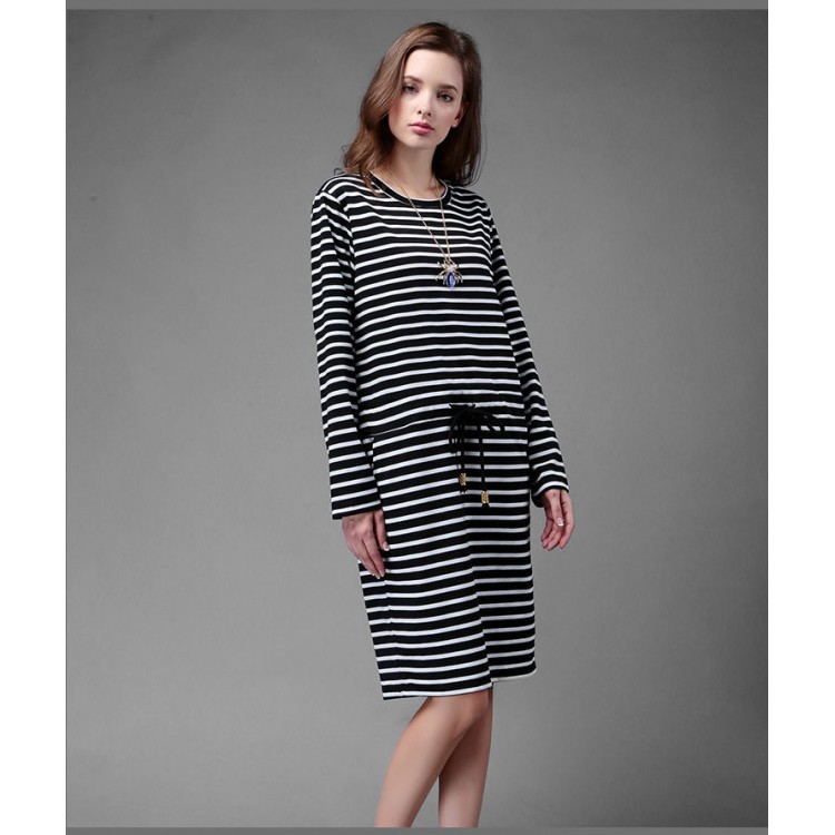 TE1366GJWL Abito a righe in vita con coulisse allentato casual alla moda euramerican-5