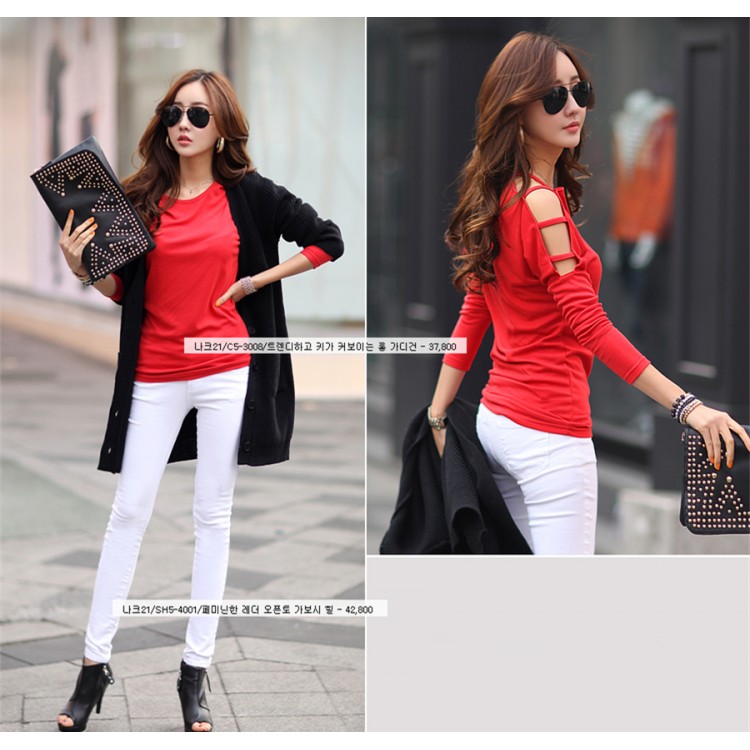 TE1371GJWL T-shirt joker casual alla moda coreana con spalle scoperte-3