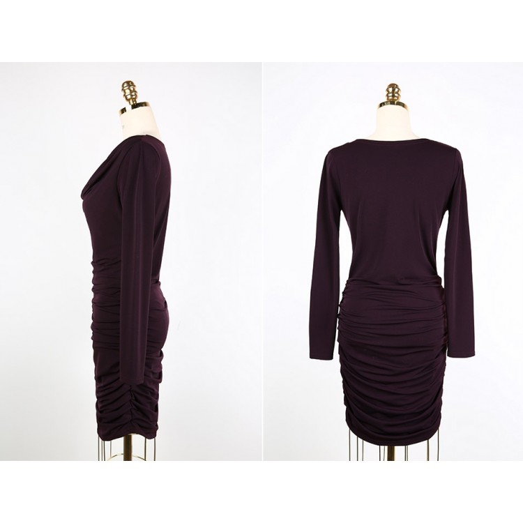 TE1379GJWL Abito da gentildonna alla moda, sottile, in puro colore, drappeggiato sui lati-8