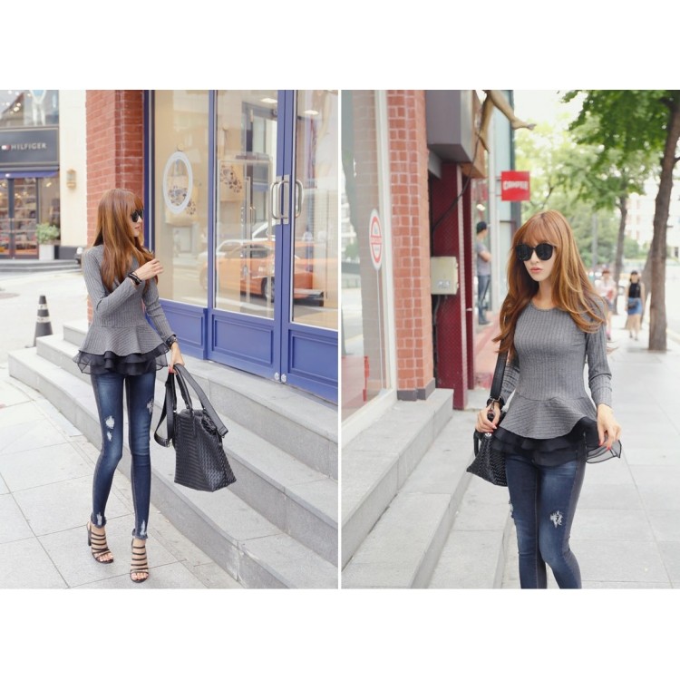 TE1396GJWL Top slim a maniche lunghe abbinati a colori jolly alla moda coreana-4