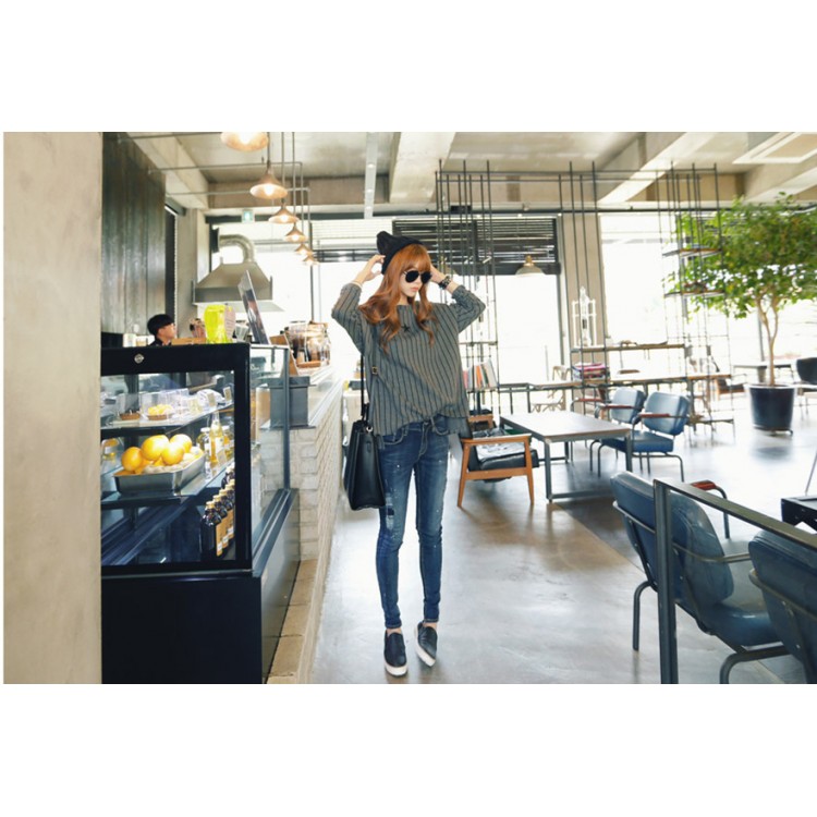 TE1402GJWL T-shirt ricamata a righe larghe casual alla moda coreana-1