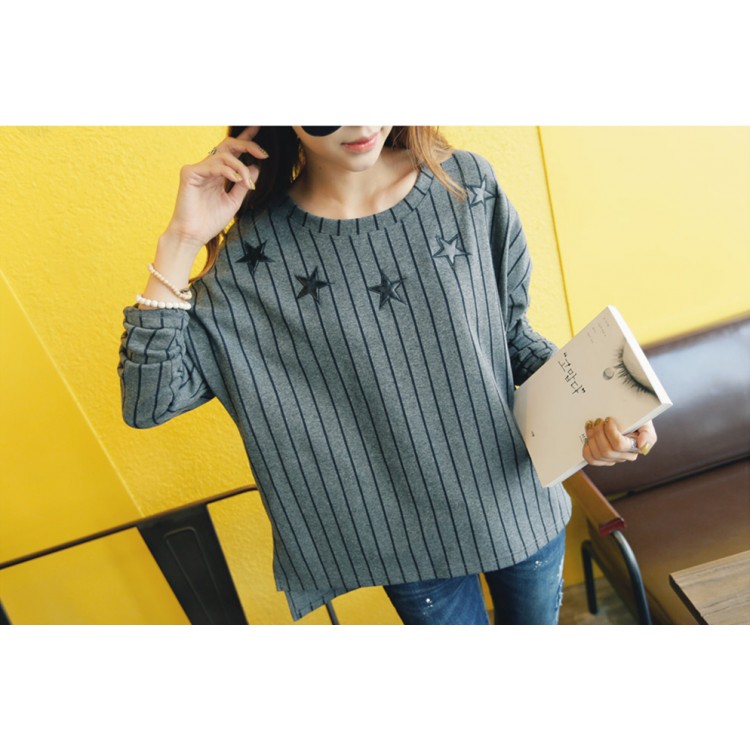 TE1402GJWL T-shirt ricamata a righe larghe casual alla moda coreana-6