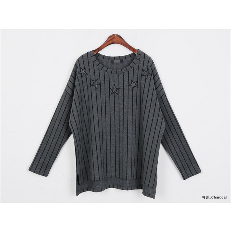 TE1402GJWL T-shirt ricamata a righe larghe casual alla moda coreana-7