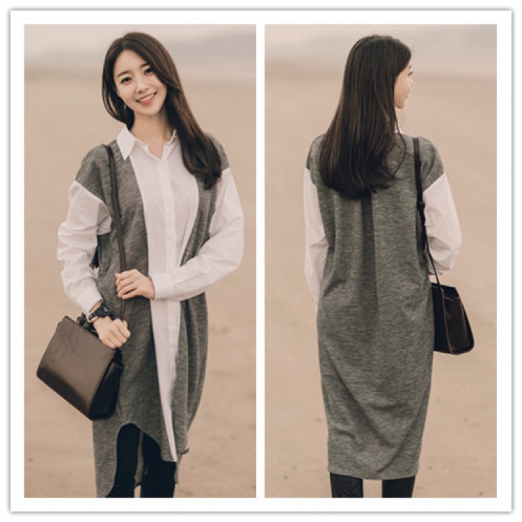 TE1407GJWL Camicia lunga casual in panno di cotone con giunture in floccato di lana-8