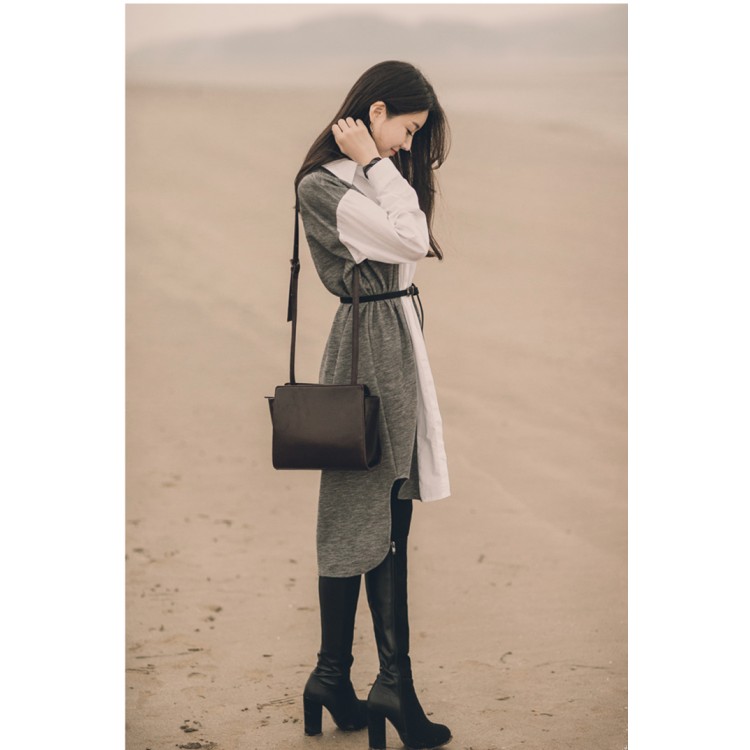 TE1407GJWL Camicia lunga casual in panno di cotone con giunture in floccato di lana-1