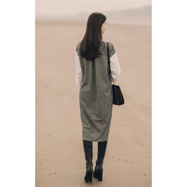 TE1407GJWL Camicia lunga casual in panno di cotone con giunture in floccato di lana-5