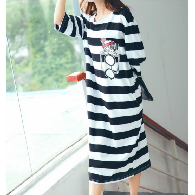 TE1507GJWL Abito t-shirt lungo con stampa a righe, comodo e casual-6