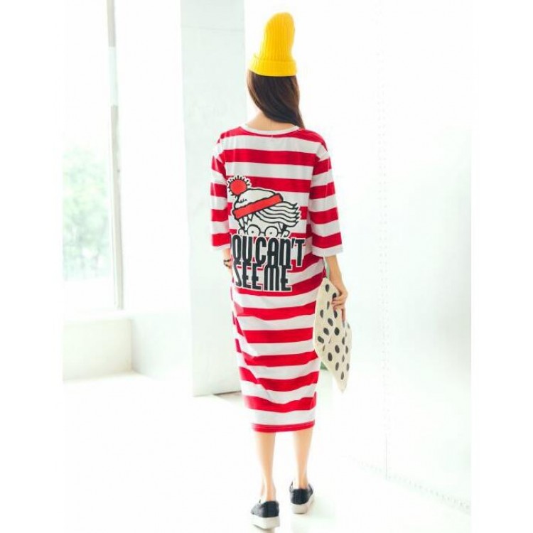 TE1507GJWL Abito t-shirt lungo con stampa a righe, comodo e casual-7