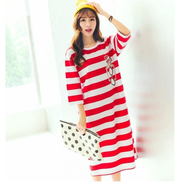 TE1507GJWL Abito t-shirt lungo con stampa a righe, comodo e casual-8