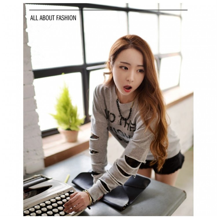 TE1525GJWL T-shirt con giunture in pizzo sulla manica con stampa di lettere di moda casual-2