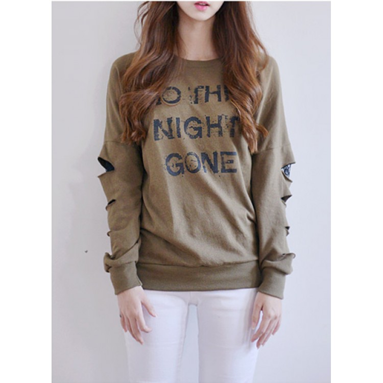 TE1525GJWL T-shirt con giunture in pizzo sulla manica con stampa di lettere di moda casual-5