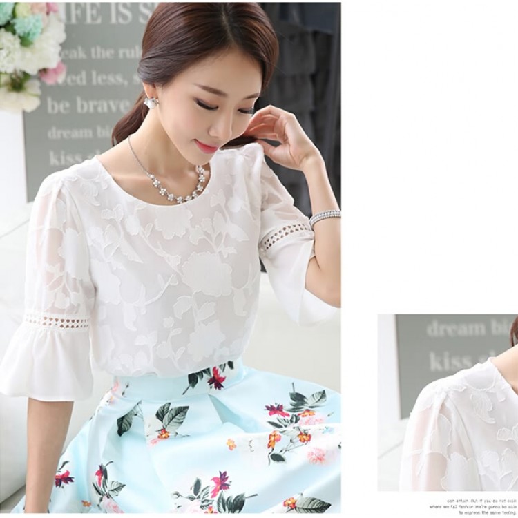 TE1525WSSP Top con maniche a sbuffo in chiffon jacquard di pizzo nuovo stile-2