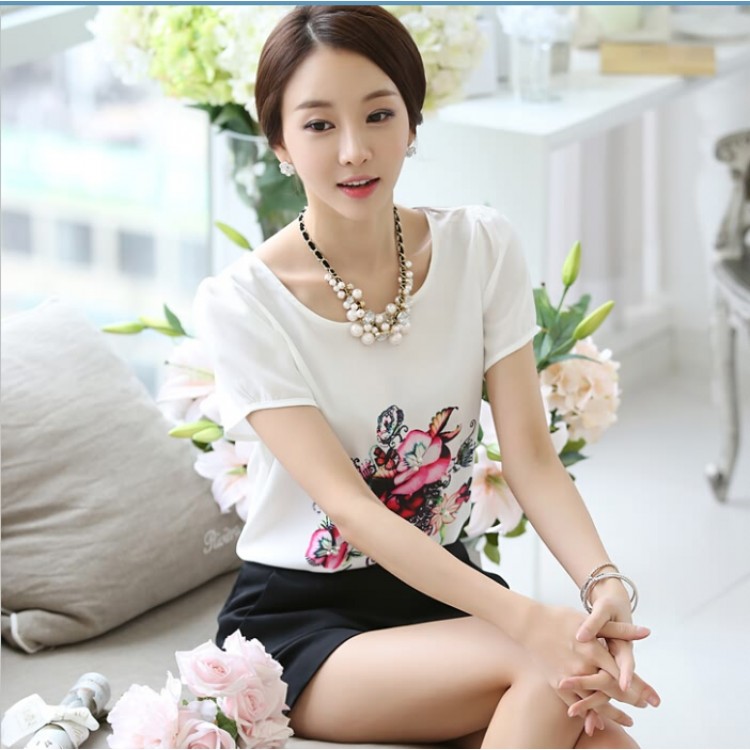TE1526WSSP Camicia coreana in chiffon a maniche corte con stampa fiori-3