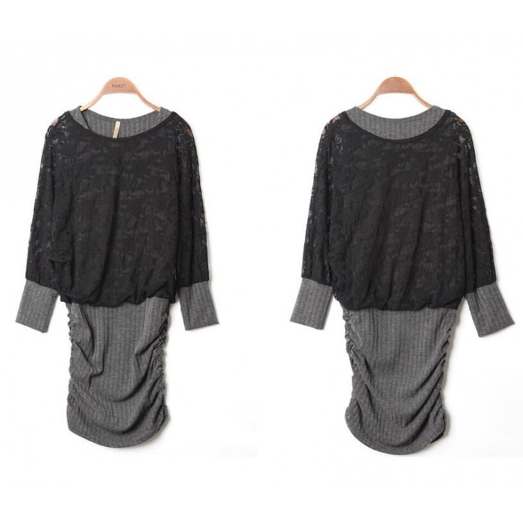 TE1530GJWL Abito in due pezzi finto con maniche a pipistrello e giunture in pizzo stile autunnale-6