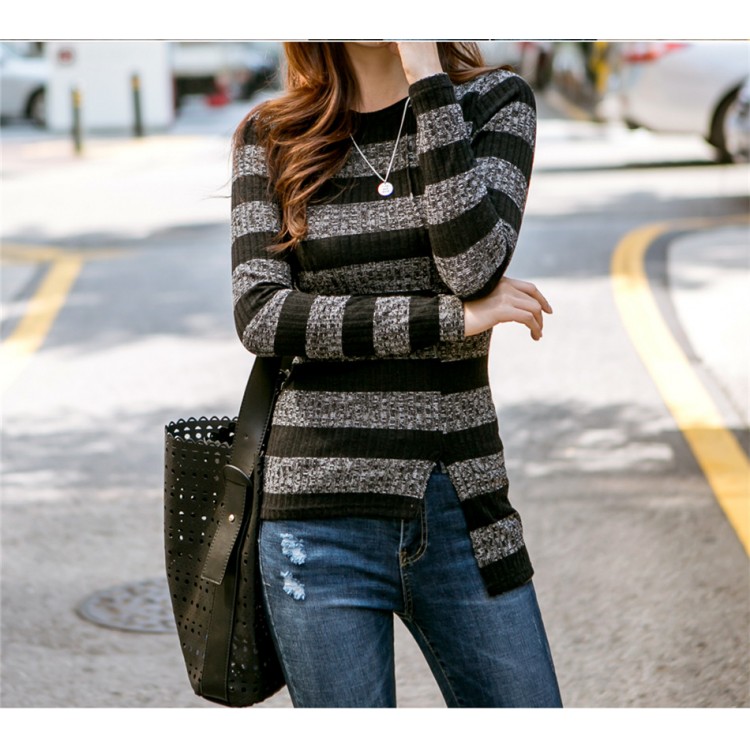 TE1551GJWL T-shirt slim a righe in spandex con fondo irregolare-1