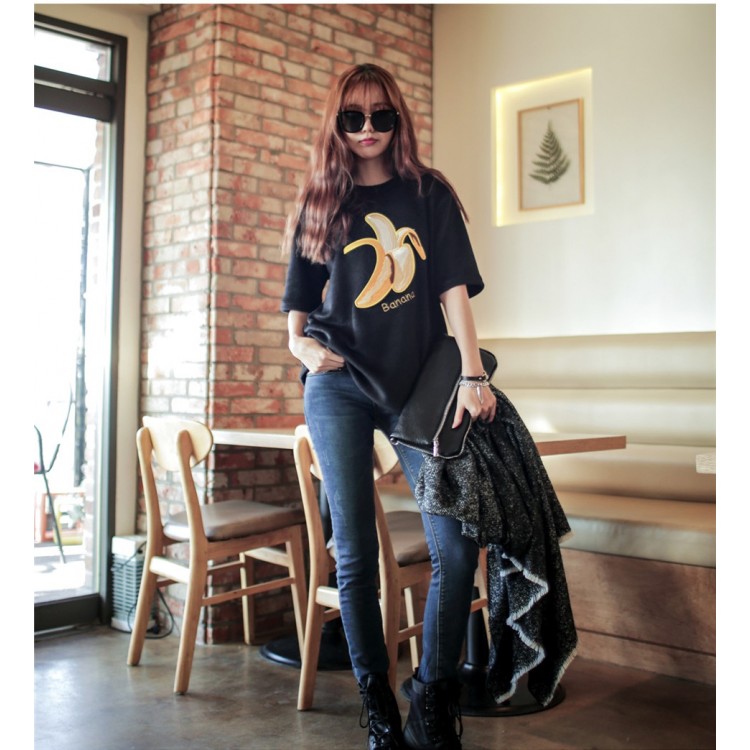 TE1564GJWL T-shirt ampia e comoda in lana di volpe argentata con ricamo a forma di banana joker-1