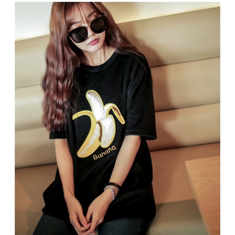 TE1564GJWL T-shirt ampia e comoda in lana di volpe argentata con ricamo a forma di banana joker-3