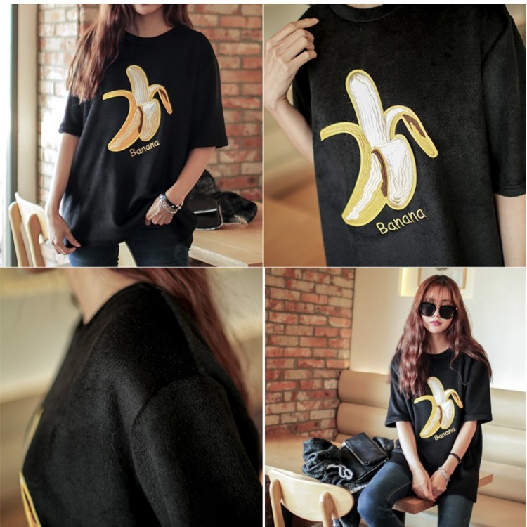 TE1564GJWL T-shirt ampia e comoda in lana di volpe argentata con ricamo a forma di banana joker-5