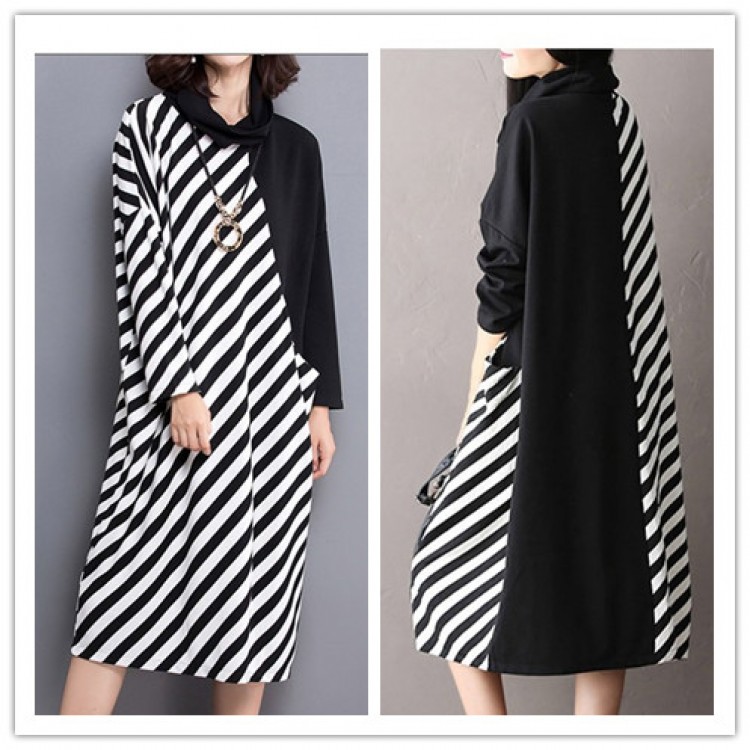 TE1566GJWL Abito taglie forti con colletto rialzato e cuciture a righe-5