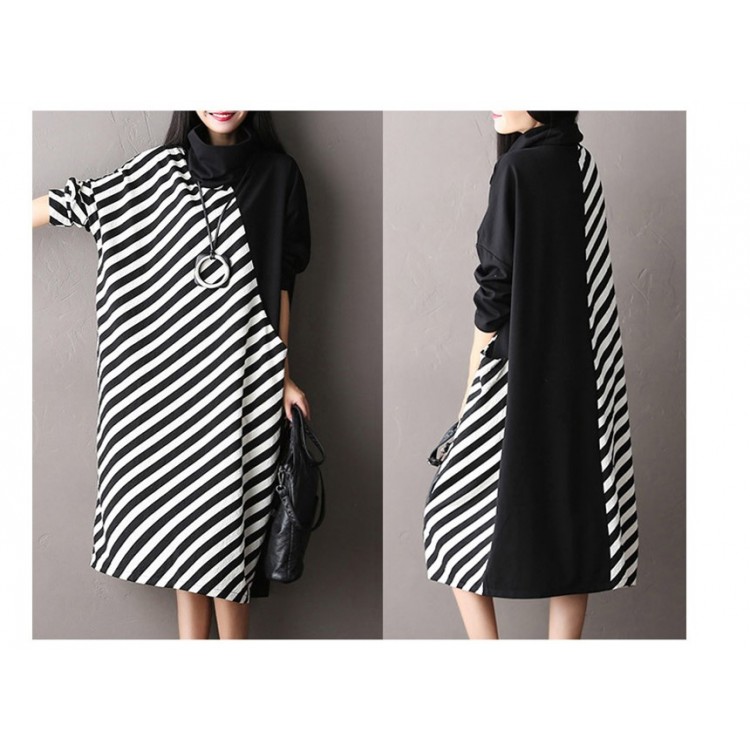 TE1566GJWL Abito taglie forti con colletto rialzato e cuciture a righe-3