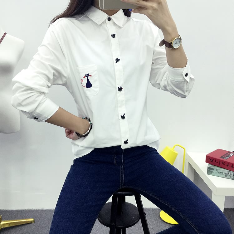 TE1650MLCS Camicia semplice con tasca con stampa gatto ricamato-2