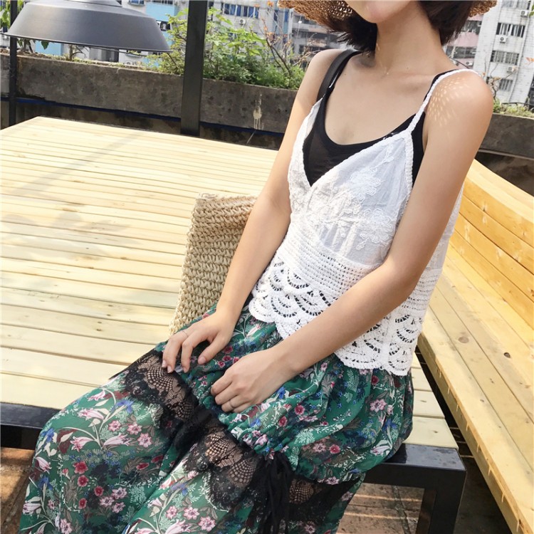 TE1721YJWL Gonna lunga con cuciture in pizzo, gilet in pizzo senza schienale e top a tubo-4