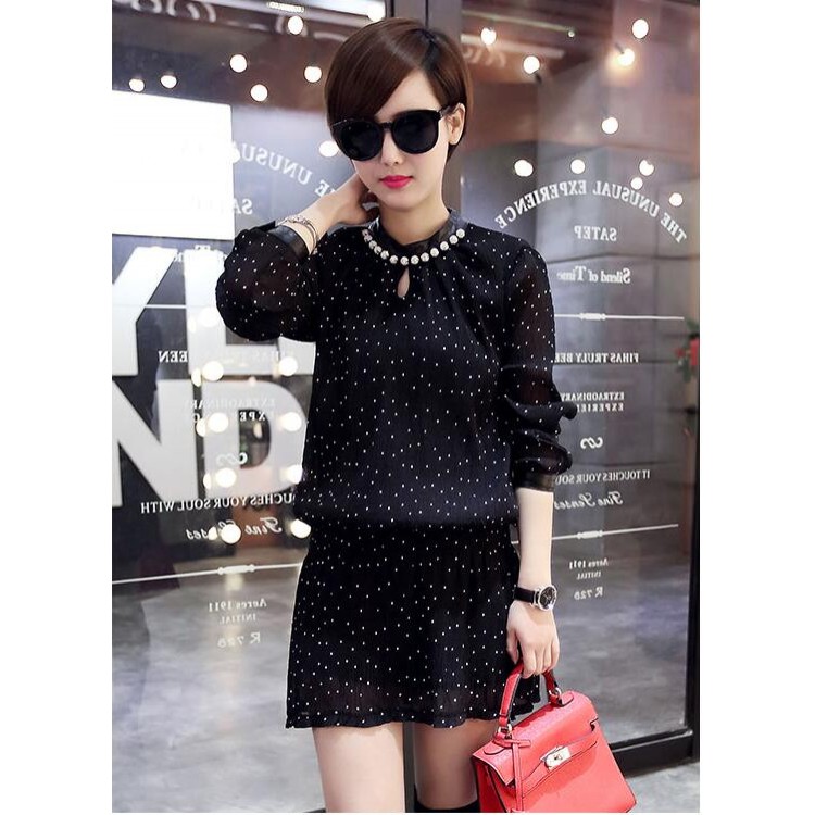 TE1806FLS Abito in chiffon a pois a trapezio dal nuovo stile primaverile-3