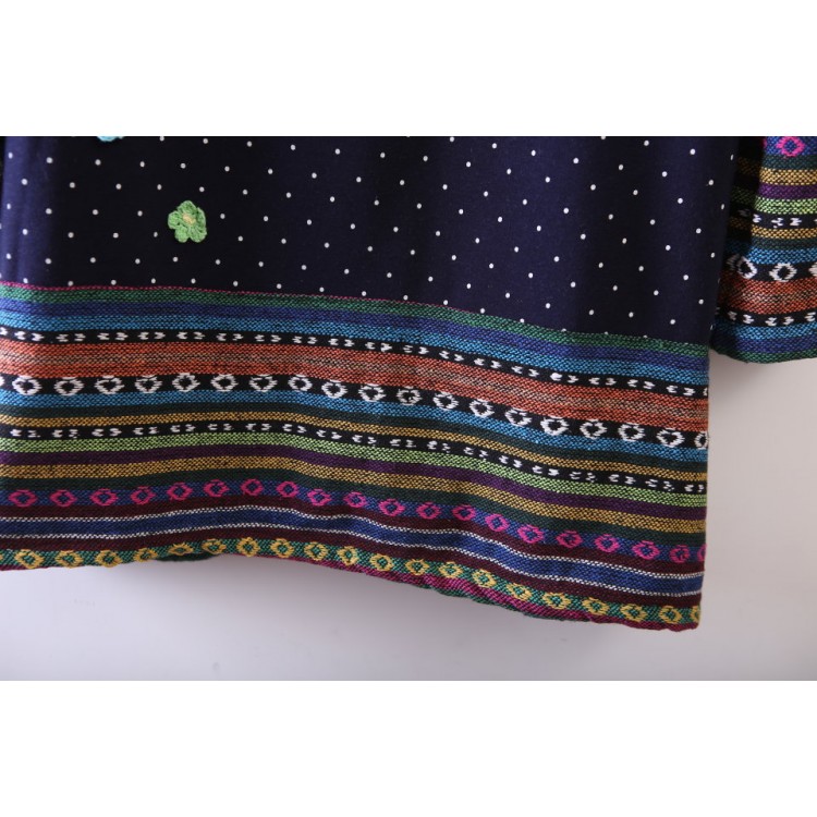 TE255LLNR T-shirt lunga con impunture ricamate a pois in stile nazionale-2