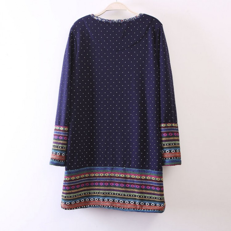 TE255LLNR T-shirt lunga con impunture ricamate a pois in stile nazionale-3