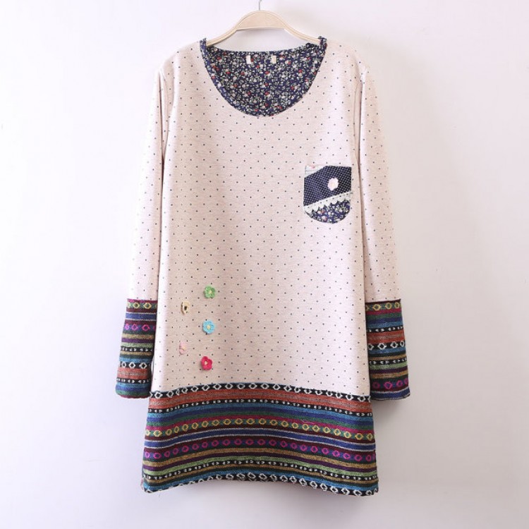 TE255LLNR T-shirt lunga con impunture ricamate a pois in stile nazionale-4