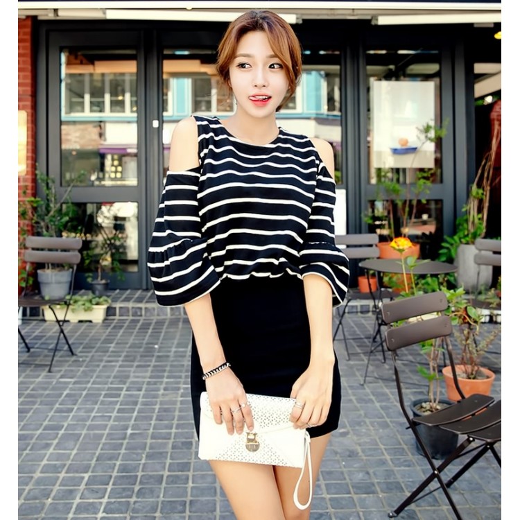 TE3012YZS Abito attillato sexy con maniche a sbuffo e spalle scoperte a righe bianche e nere-3