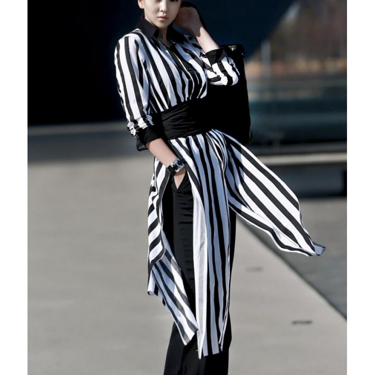 TE1547GJWL Camicia lunga con protezione solare a righe alla moda coreana-2