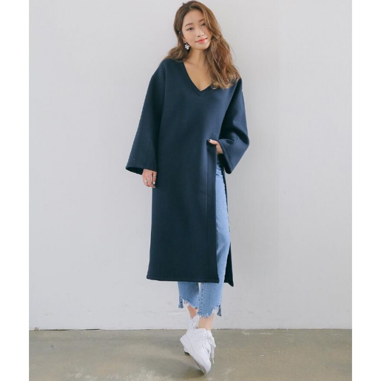 TE3088YZS Abito ampio con scollo a V e orlo a fessura-1