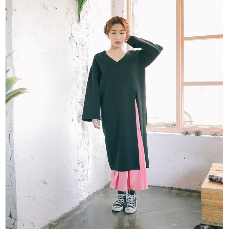 TE3088YZS Abito ampio con scollo a V e orlo a fessura-2