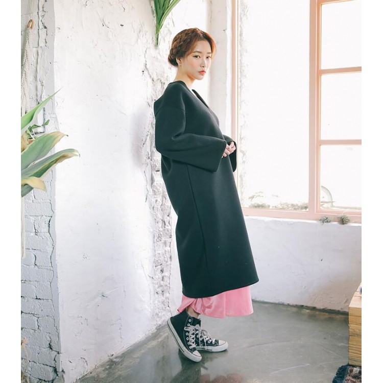 TE3088YZS Abito ampio con scollo a V e orlo a fessura-3