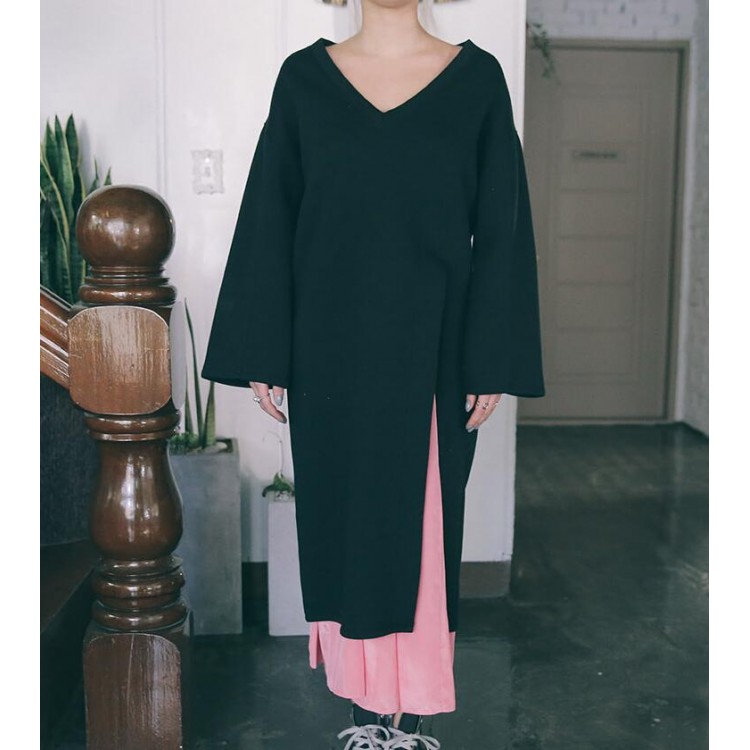 TE3088YZS Abito ampio con scollo a V e orlo a fessura-5