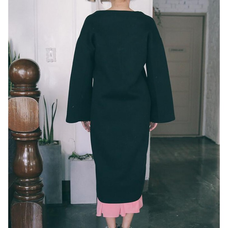 TE3088YZS Abito ampio con scollo a V e orlo a fessura-6