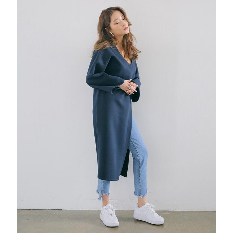 TE3088YZS Abito ampio con scollo a V e orlo a fessura-8