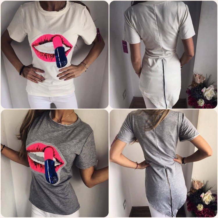 TE3096YZS T-shirt in cotone con stampa pailette labbra rosse e cerniera sul retro-2