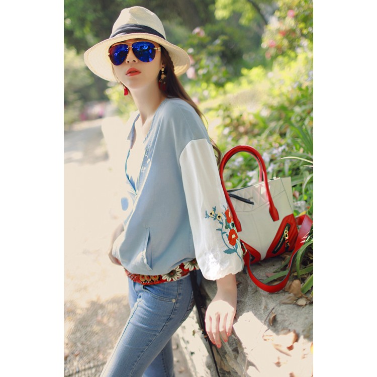 TE3131JJOM Top con cerniera obliqua con maniche ricamate moda primaverile-1