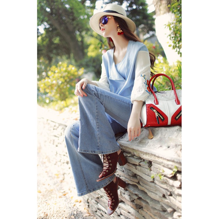 TE3131JJOM Top con cerniera obliqua con maniche ricamate moda primaverile-3